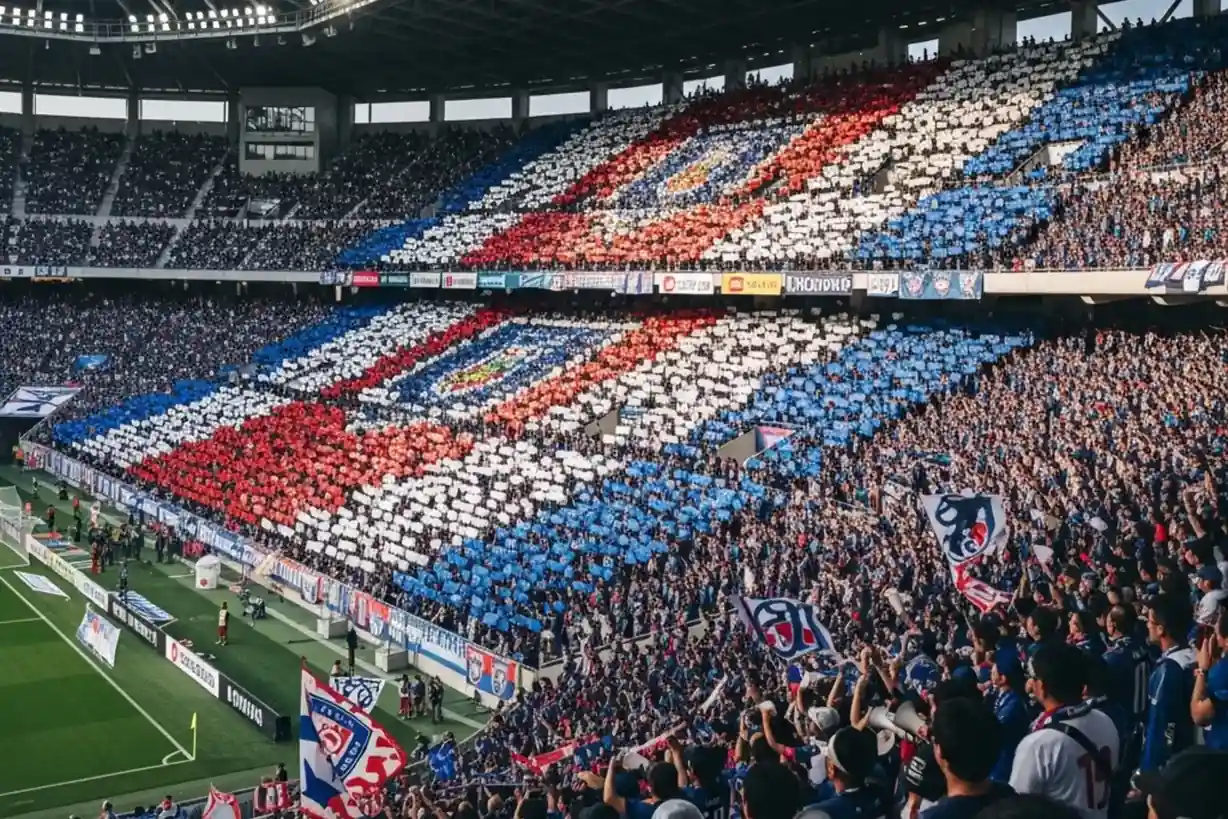 Gradas llenas de espectadores con banderas y cánticos durante un partido de la J1 League con récord de asistencia