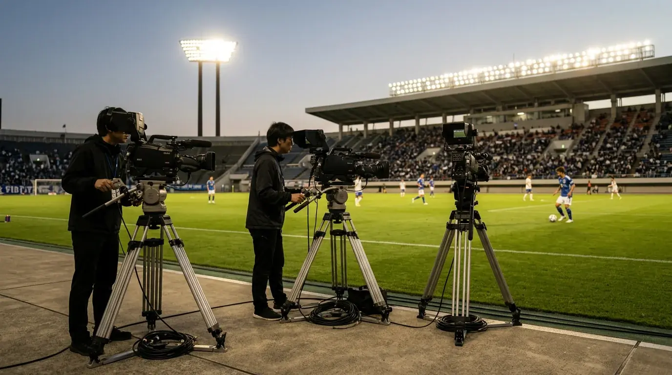 Cámaras de televisión profesionales enfocando un partido de fútbol en un estadio japonés