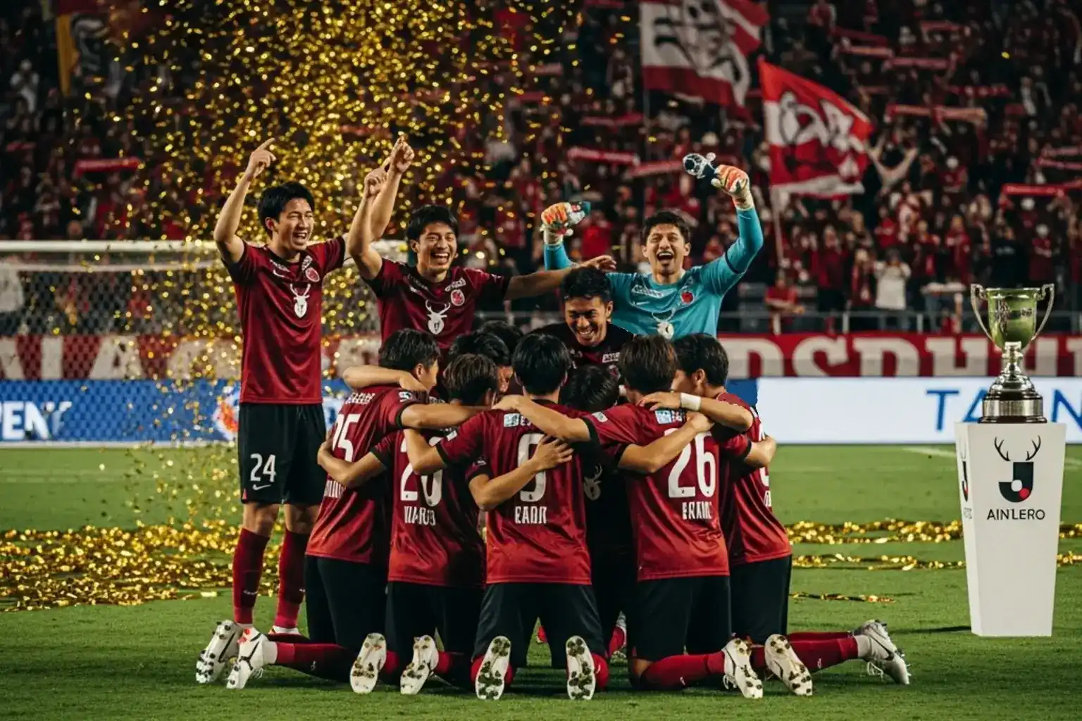 Jugadores de Kashima Antlers celebrando el título de campeón de la J League en el estadio de Kashima