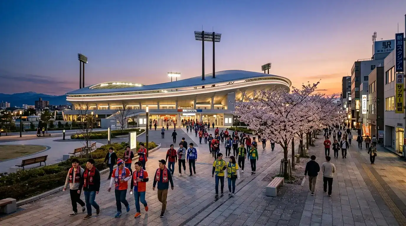 Panorama de un estadio de la J1 League con aficionados japoneses durante un partido de la temporada 2026-27