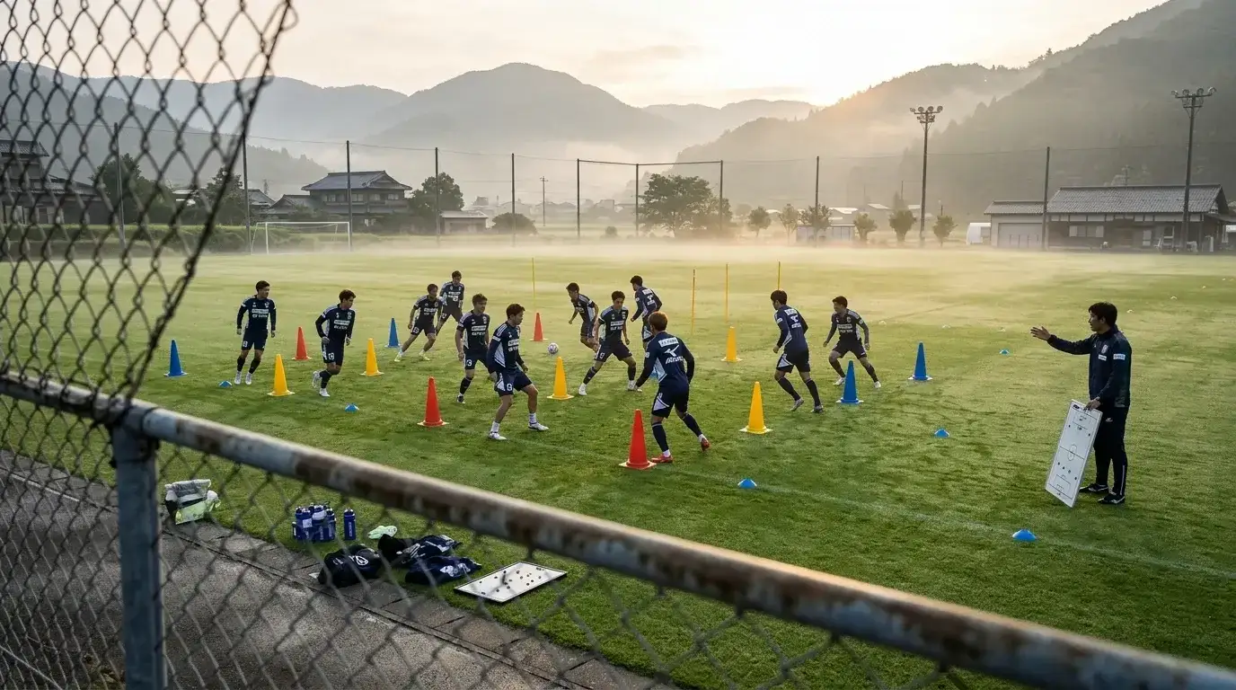 Vista aérea de un campo de fútbol japonés con líneas tácticas y jugadores posicionados durante un entrenamiento de la J League